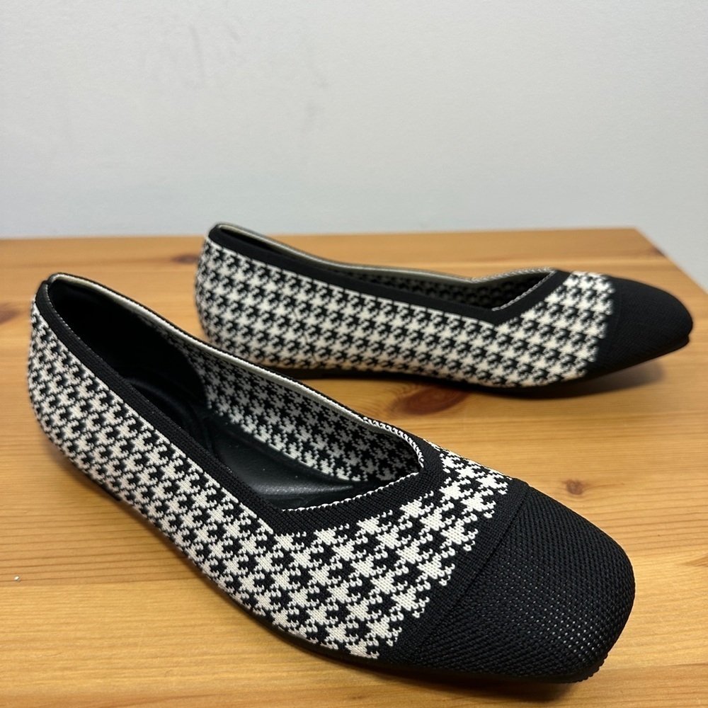 Newbella Houndstooth Knit Square Toe Ballet Flats Black White NWT 6.5